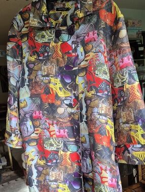 Samuel Dong 100% Silk Art Coat Purse Shoes Print 3/4 Flowing Sleeve Lined size M